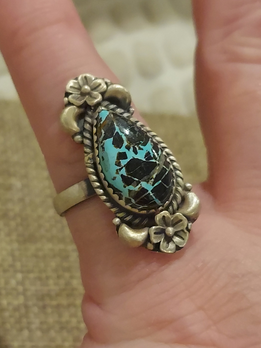 New Brushed Sterling Silver & Blackjack Turquoise Adjustable Ring - Picture 10 of 13